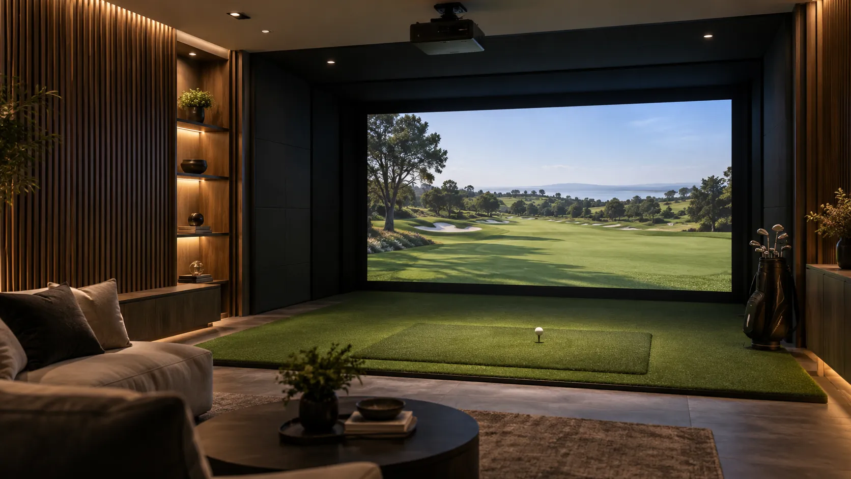 A modern home golf simulator room with an impact screen showing a fairway