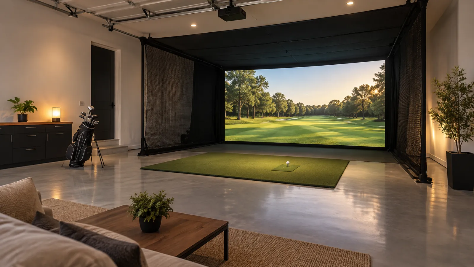 Converted garage golf simulator room